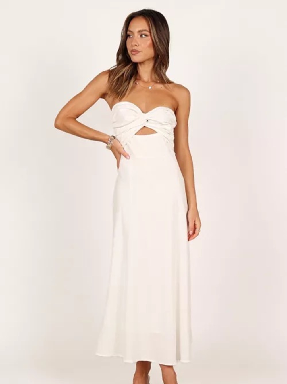 Petal + Pup White Strapless Twist Front Linen Blend Midi Dress US 6